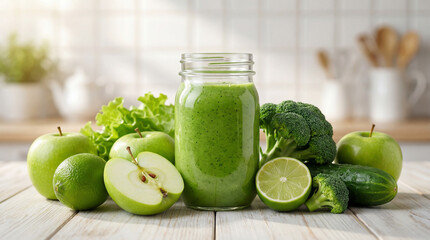 Glass of vegetable and fruit green juice. Agriculture and healthy food concept. World Vegan Day