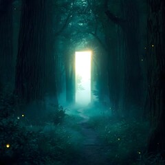 Mystical Dark Forest Path Leading to a Glowing Golden Portal Frame