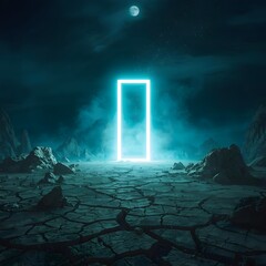 Futuristic Neon Blue Portal Standing on a Dark Rocky Alien Landscape