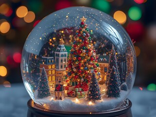Magical Winter Wonderland Snow Globe with a Detailed Festive Town and Golden Lights
