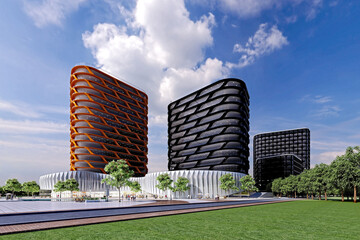 Futuristic Mixed-Use Towers in Modern Urban Plaza &ndash; 3D Rendering