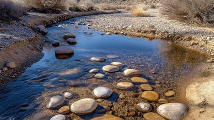 A clear shallow river flows over smooth stones and pebbles in a natural outdoor landscape during daylight