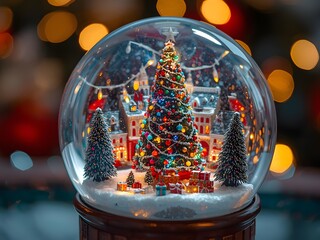Cozy Holiday Snow Globe with a Decorated Christmas Tree and Warm Bokeh Background