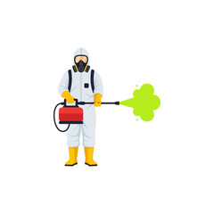 Person in Hazmat Suit Spraying Disinfectant Liquid Vector Illustration, Protective Gear for Disease Control and Sanitation