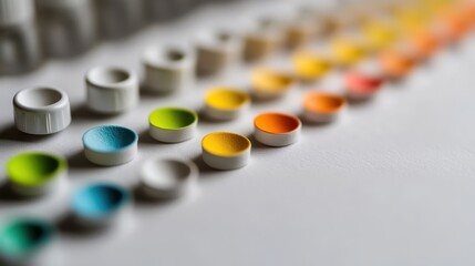 A collection of colorful separated pigment spots with varying hues