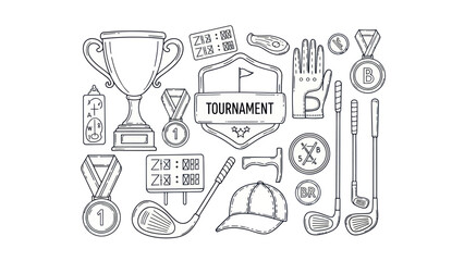 Golf tournament icons and elements in simple line art style