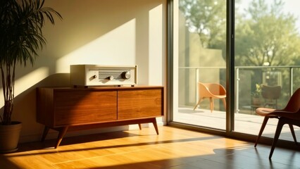 Vintage wooden furniture in the transparent living room