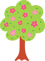 Growing green tree with pink blooming flowers