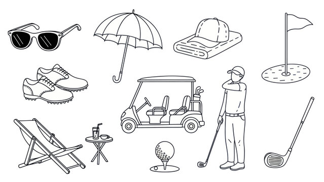 Golfing equipment and accessories illustration with outlined line art style
