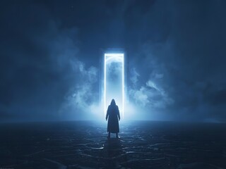 Surreal Silhouette Standing Before a Glowing Portal in a Misty Dark Landscape