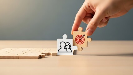 A hand placing a wooden puzzle piece with a red target into a set of interlocking blocks with a people icon