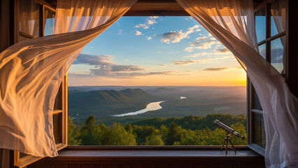 A serene landscape viewed through an open window with curtains blowing gently in the breeze at sunrise