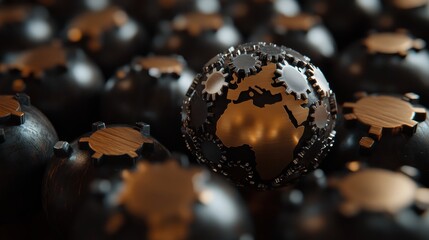 A detailed mechanical globe representing continents crafted from polished brass and gears with a dark metallic background