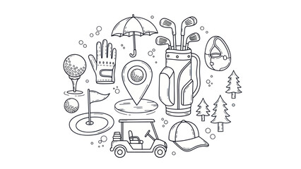Golfing equipment collection illustrated in a circular graphic with simple lines