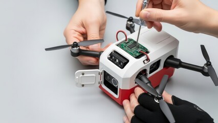 A person is working on a drone, using a screwdriver to adjust the internal components, highlighting the intricacies of drone maintenance and technology.