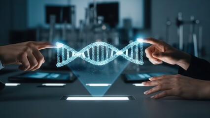 Two hands are reaching toward a holographic DNA strand, symbolizing innovation in genetics and biotechnology in a futuristic setting.