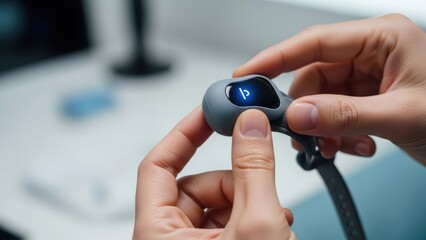 A close-up view of hands interacting with a modern wearable device, highlighting its sleek design and digital interface.