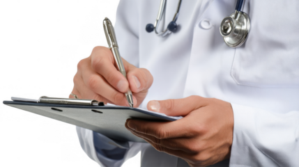 Close up of a doctor's hands writing on a clipboard, suggesting medical documentation or prescription, with a transparent background for easy integration into various projects