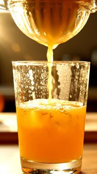 Fresh Orange Juice Pouring Into Glass Vertical Video