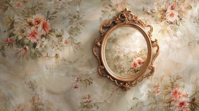 A vintage mirror in an antique floral patterned wallpaper, reflecting a blurred scenery