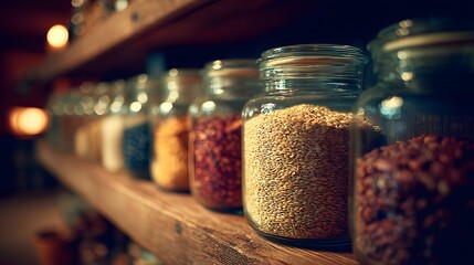 A row of glass jars filled with various spices and grains on a wooden shelf.