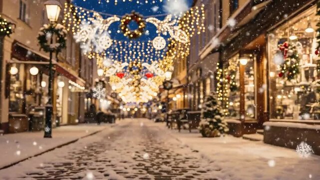 Magical snowy christmas street with warm bokeh lights