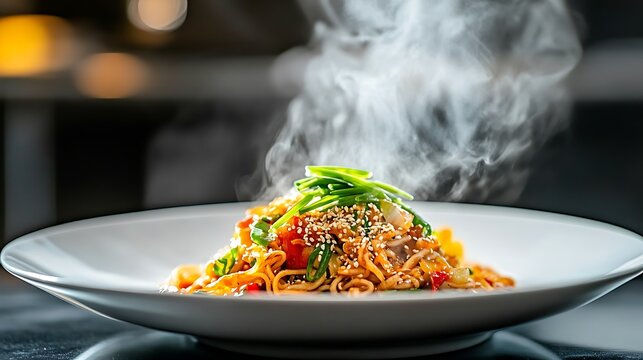 Hot vegetable Hakka noodles on a white plate, garnished with spring onions and sesame seeds