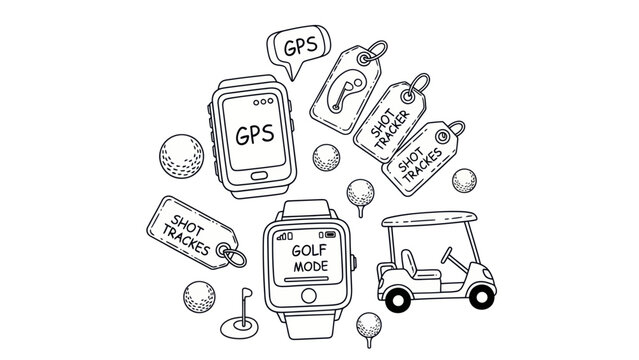 Golfing equipment illustration watch cart balls and shot tracker tags