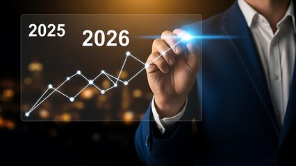 Businessman analyzing financial growth graph for 2025 and 2026 with a futuristic digital interface