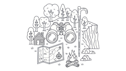 Outdoor adventure illustration binoculars map campfire and nature elements