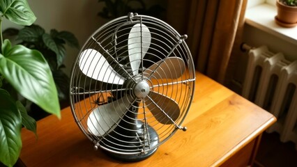 Vintage metal fan with green plant lining and wooden table layout
