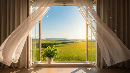 View of a serene green landscape through an open window with curtains and a potted plant