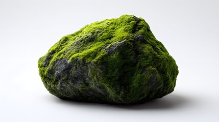 A single moss-covered rock sits on a white background.