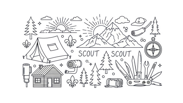 Outdoors adventure scout camping elements illustrated in monochrome style