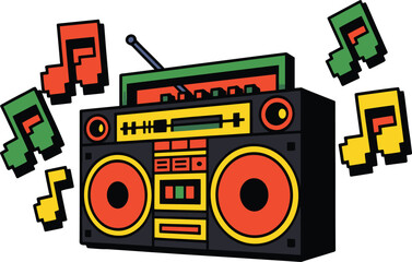 Fototapeta premium Retro boombox with pixelated musical notes sound audio