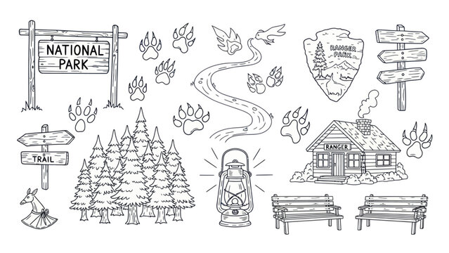 National park elements signage trail markers cabin and nature illustrations