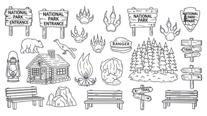 National park elements vector illustrations of signs animals and scenery