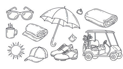 Outlined golfing elements sunglasses umbrella cart and accessories vector © Kurni