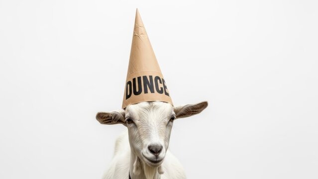 goat wearing a dunce cap hat, dim, dumb, stupid, on a white background, animal photo