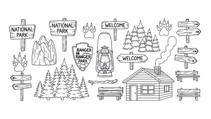 Outlined camping elements signs trees cabin lantern vector illustration