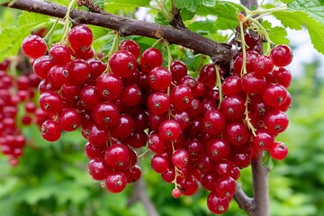 Fototapeta premium Red currants grow on green vines in summer