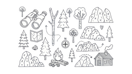 Outdoor adventure and camping elements illustration in detailed line art style