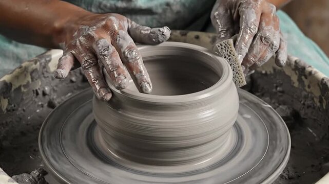 Skilled artisan hands carefully shaping wet clay on a spinning pottery wheel craft.
