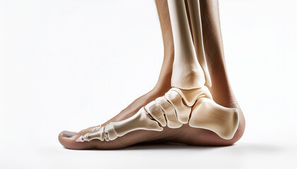 Anatomical model of an ankle on a white background showing bones and structure for educational purpose