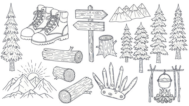 Outdoor adventure and hiking elements illustration for nature exploration