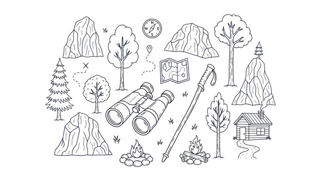 Outdoor adventure doodle elements map compass binoculars and more