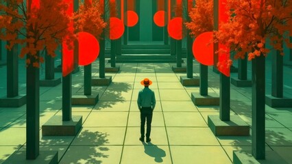 Artistic illustration of a lone traveler on the colorful arch trail