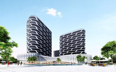 Futuristic Mixed-Use Towers in Modern Urban Plaza &ndash; 3D Rendering