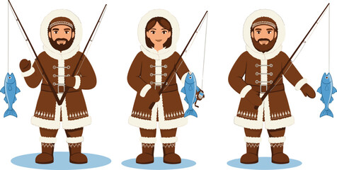 Ice Fishing People Vector Illustration Set Showing Men and Woman in Winter Clothing Holding Rods and Caught Fish for Cold Season Outdoor Recreation Design © munzuara