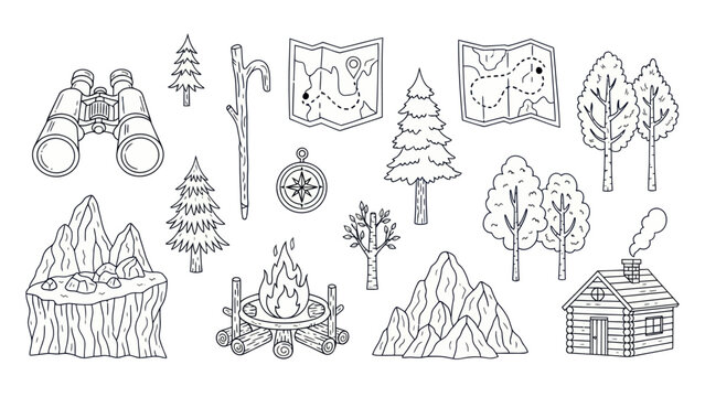 Outdoor adventure elements binoculars map campfire and nature illustrations